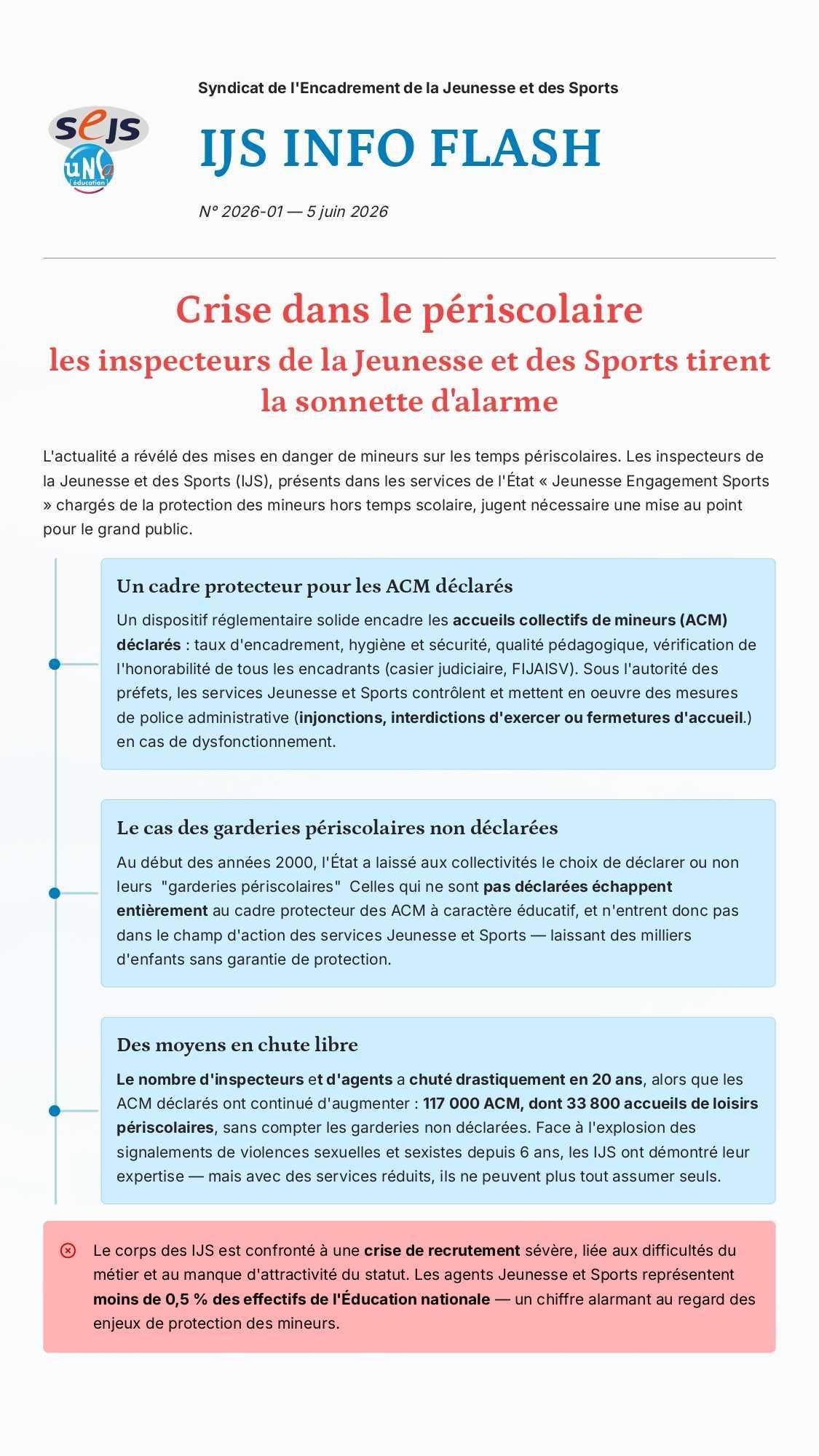 CRISE DANS LE PERISCOLAIRE : LA MISE AU POINT DU SEJS CRISE DANS LE PERISCOLAIRE : LA MISE AU POINT DU SEJS