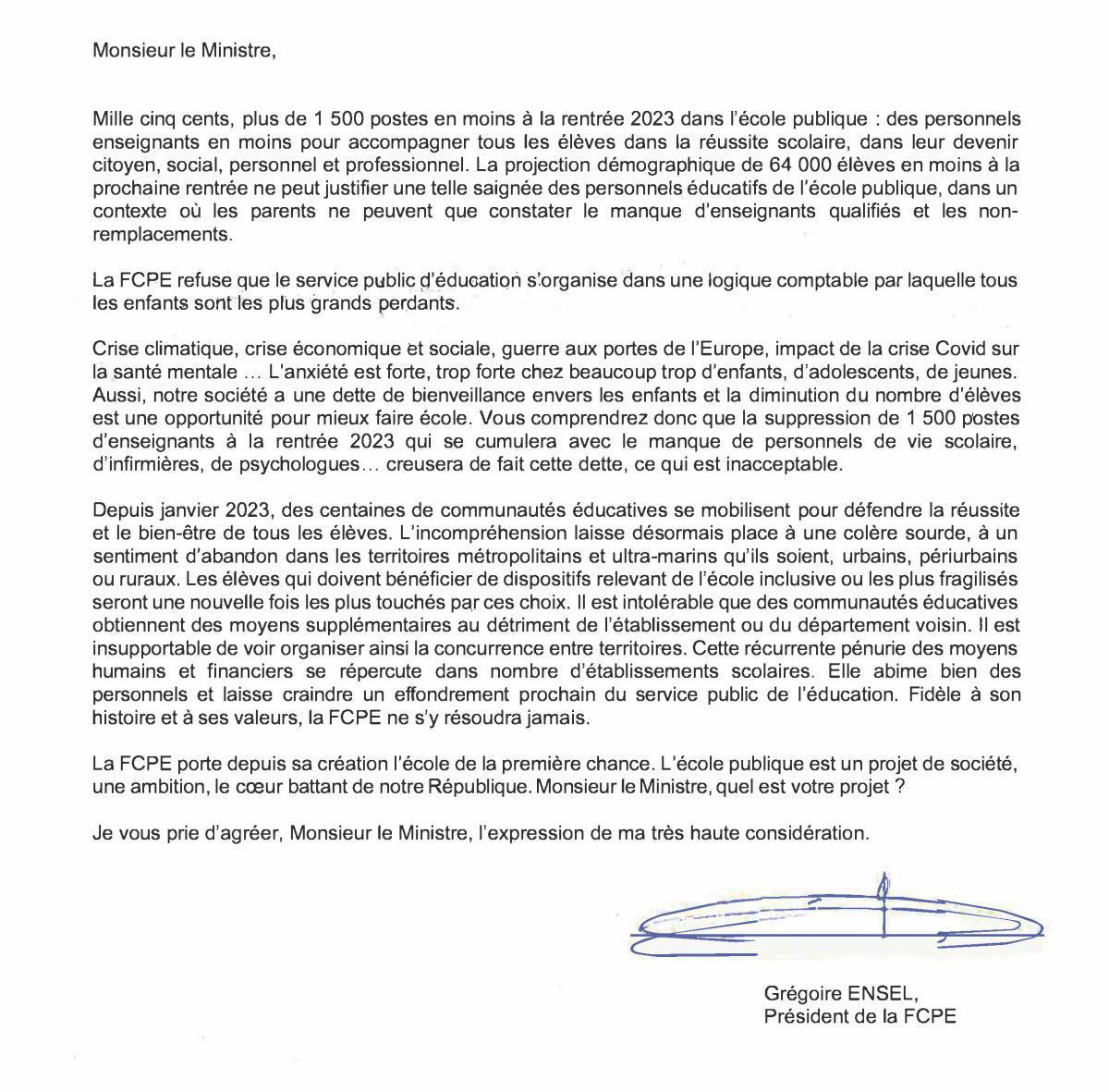 Lettre ouverte de la FCPE au ministre de l'Éducation nationale