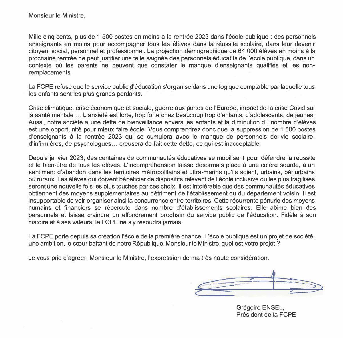 Lettre ouverte de la FCPE au ministre de l'Éducation nationale Lettre ouverte de la FCPE au ministre de l'Éducation nationale