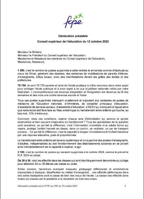 Déclaration préalable de la FCPE au Conseil Supérieur de l'Education