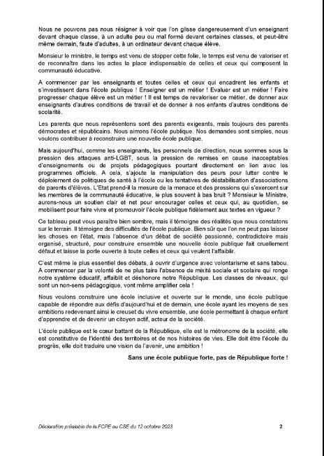 Déclaration préalable de la FCPE au Conseil Supérieur de l'Education