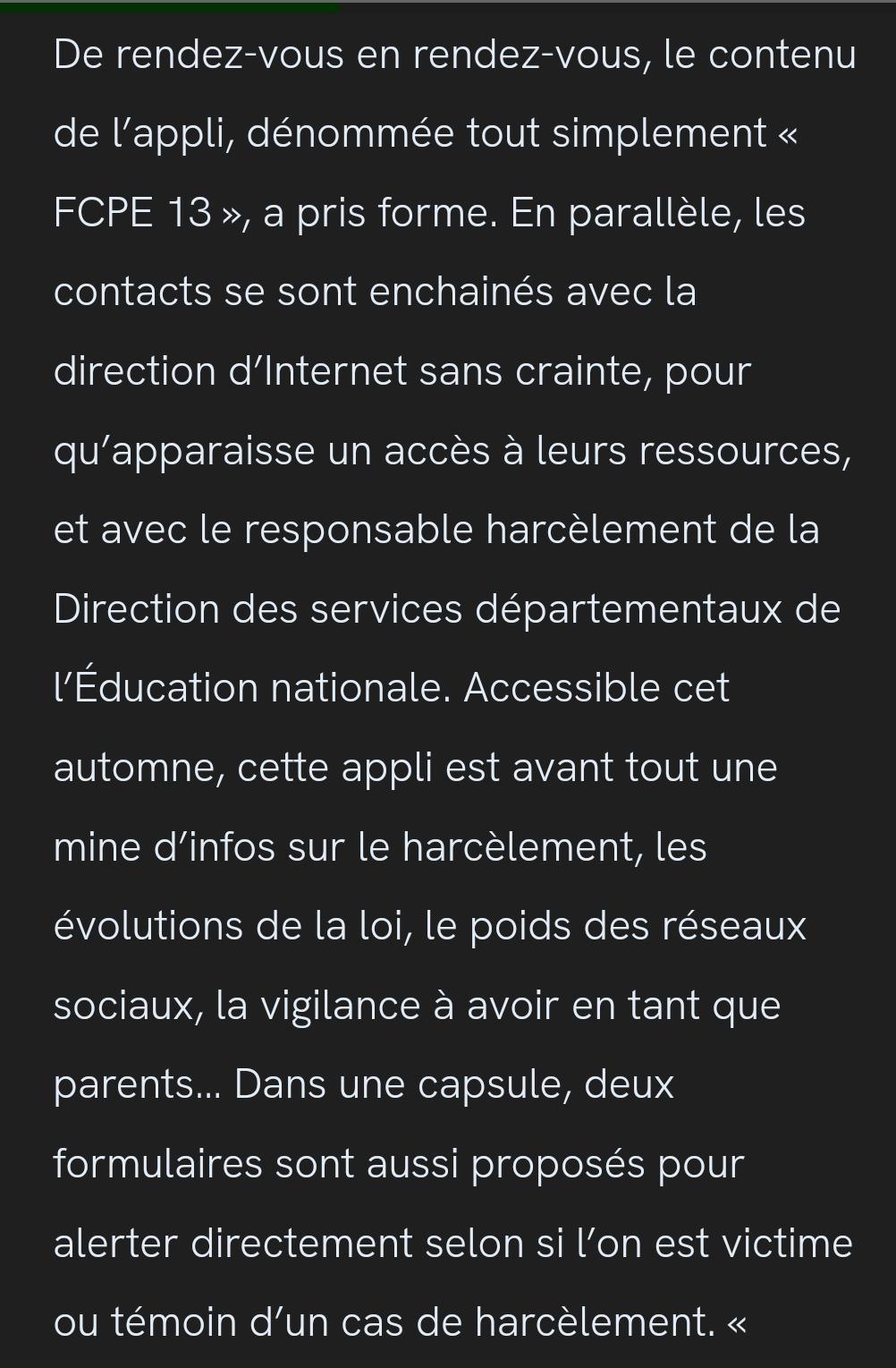 Article sur l'application FCPE 13 dans la revue des parents 