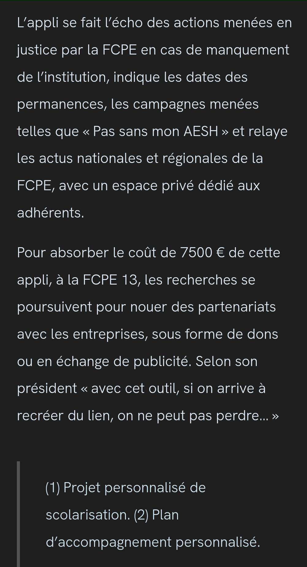 Article sur l'application FCPE 13 dans la revue des parents 