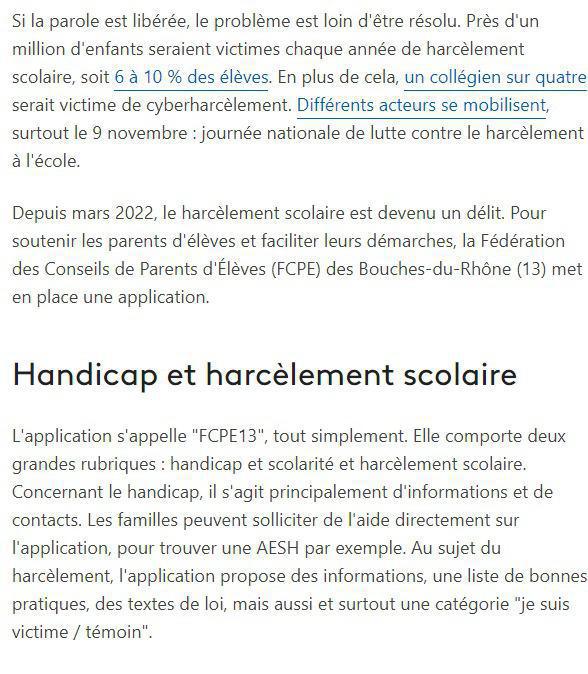 Article France 3: Harcèlement scolaire : des parents d'élèves lancent une application de prévention et de signalement, une première en France