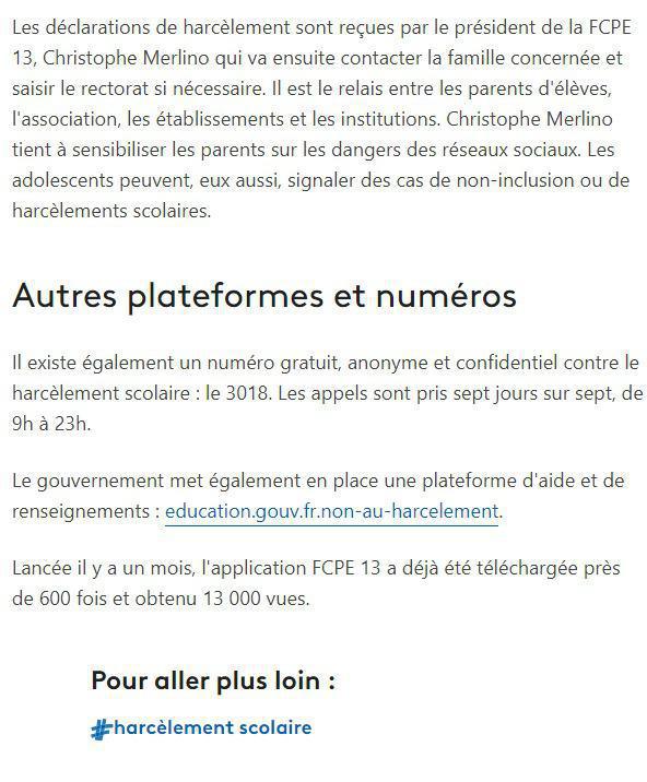 Article France 3: Harcèlement scolaire : des parents d'élèves lancent une application de prévention et de signalement, une première en France