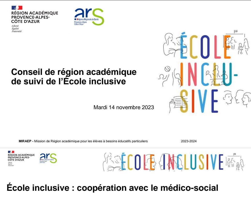 En direct du Conseil de Région Académique de Suivi de l'Ecole Inclusive à St Maximin, instance où la FCPE a 3 sièges , PowerPoint en pj
