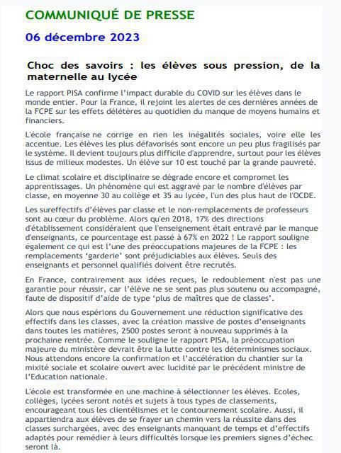 Annonces du Ministre: communiqué FCPE