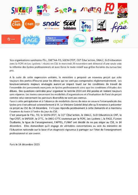 [#CSE] Au côté de l’intersyndicale, la FCPE a boycotté la séance du 14 décembre du Conseil supérieur de l'éducation face au refus du Ministère de l’Education nationale et de la Jeunesse de revoir son projet de texte relatif aux grilles ho