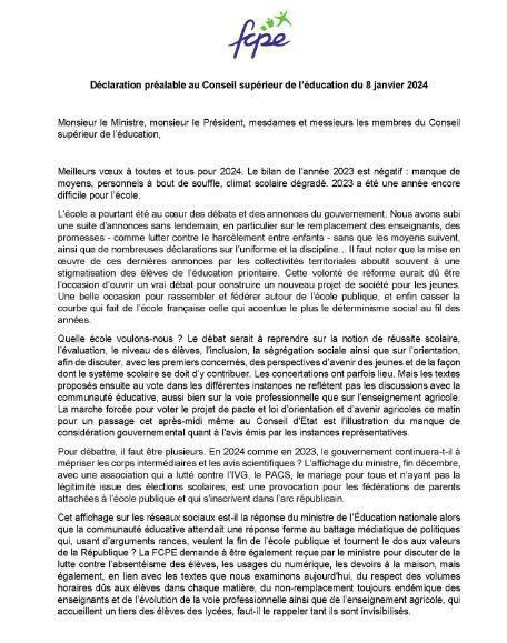Déclaration FCPE au Conseil Supérieur de l'Education
