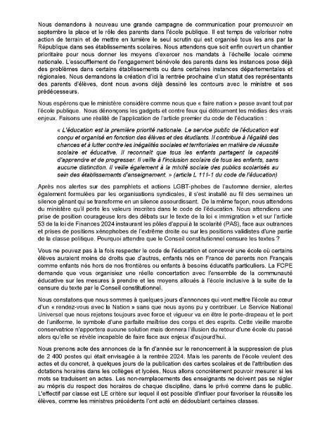 Déclaration FCPE au Conseil Supérieur de l'Education