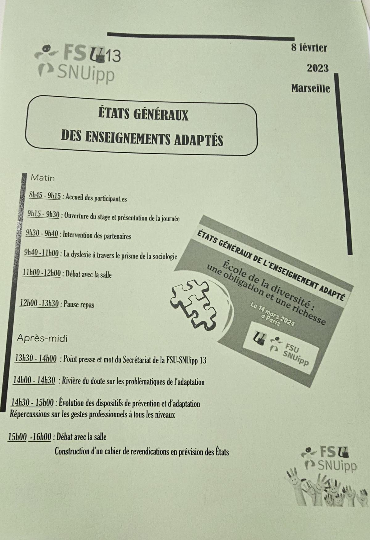 La FCPE 13 à répondu présent à l'invitation de la FSU SNUIPP pour ses états généraux des enseignements adaptés 