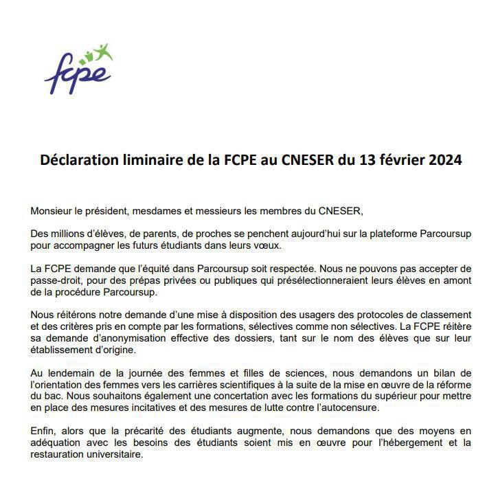 Déclaration FCPE au CNESER 13/02/2024