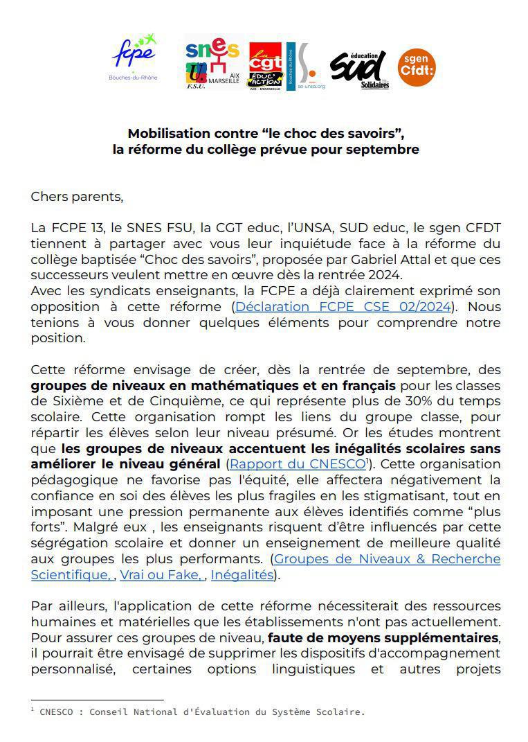 La FCPE13 et les syndicats enseignants votent contre la carte scolaire et se mobilisent contre "le choc des savoirs", la lettre aux parents en PJ