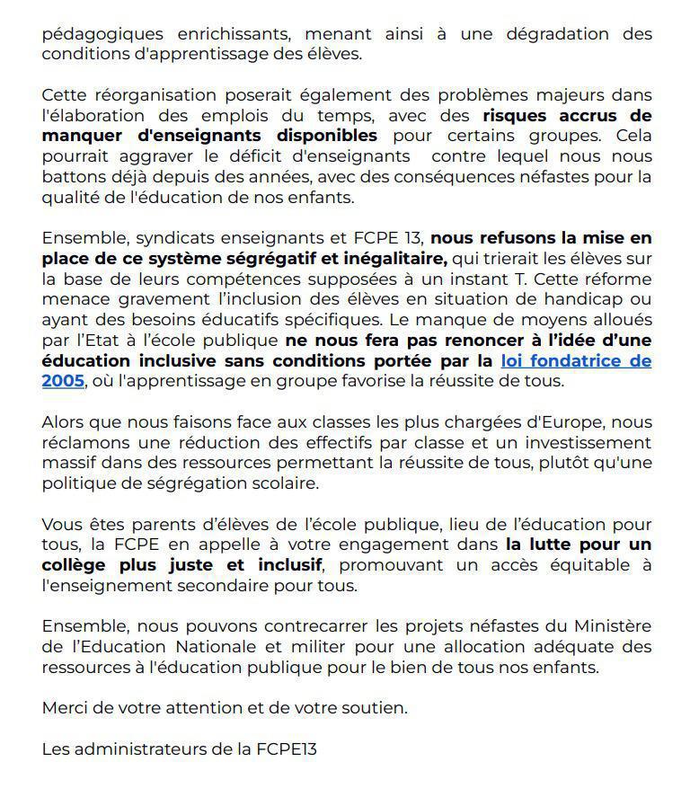 La FCPE13 et les syndicats enseignants votent contre la carte scolaire et se mobilisent contre "le choc des savoirs", la lettre aux parents en PJ