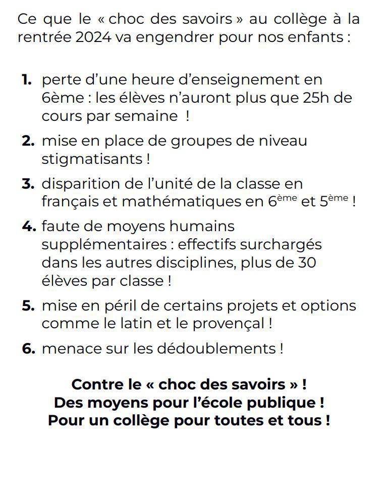 La FCPE13 et les syndicats enseignants votent contre la carte scolaire et se mobilisent contre "le choc des savoirs", la lettre aux parents en PJ