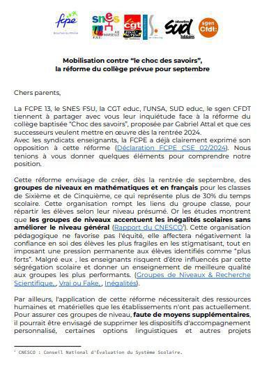 la lettre aux parents concernant le choc des savoirs