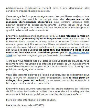 la lettre aux parents concernant le choc des savoirs