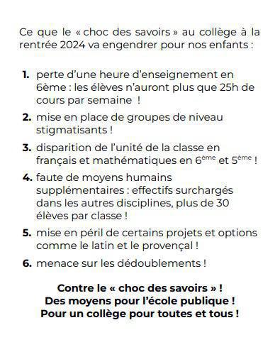 la lettre aux parents concernant le choc des savoirs