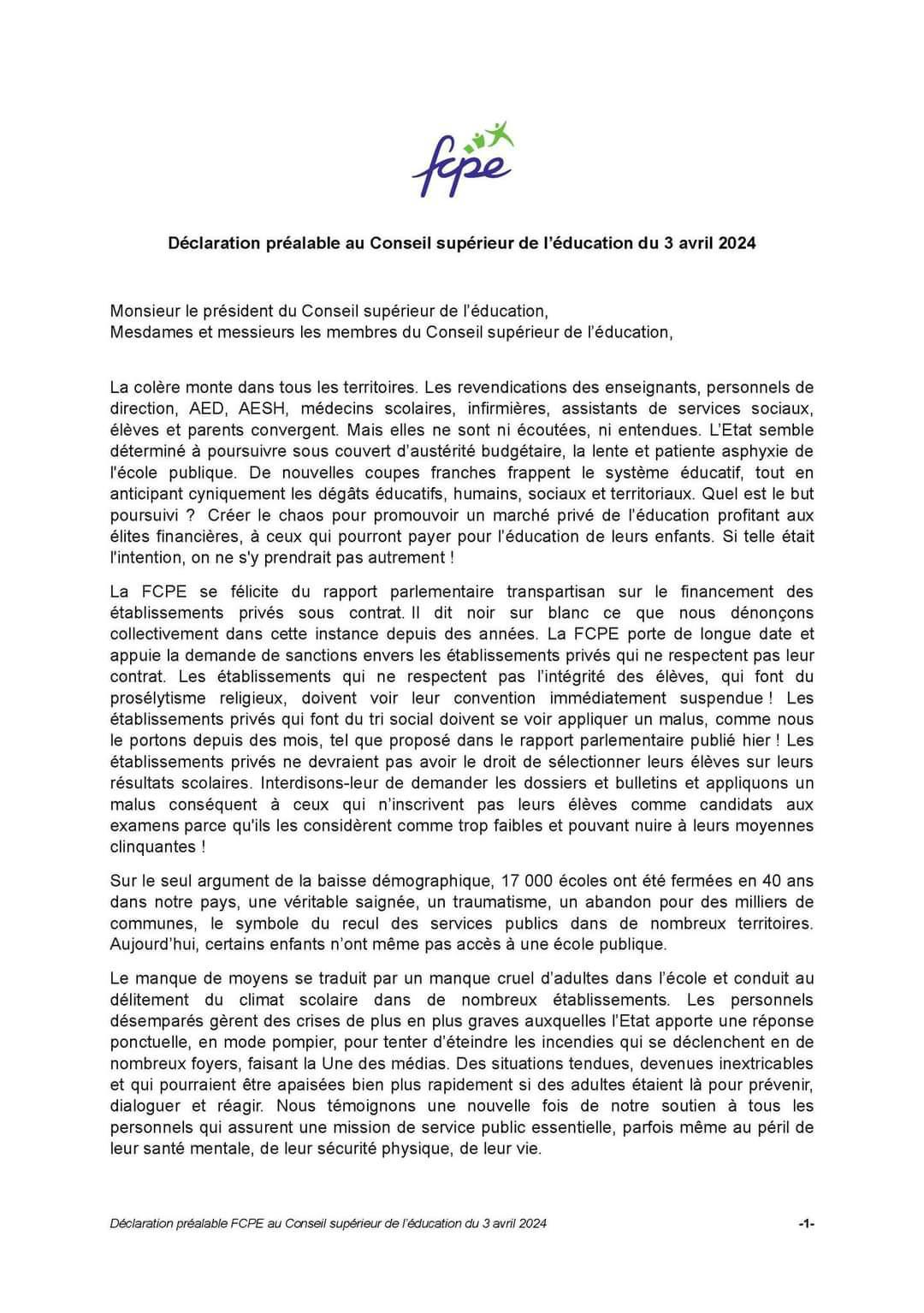 Déclaration de la fcpe au CSE le 3 avril 2024