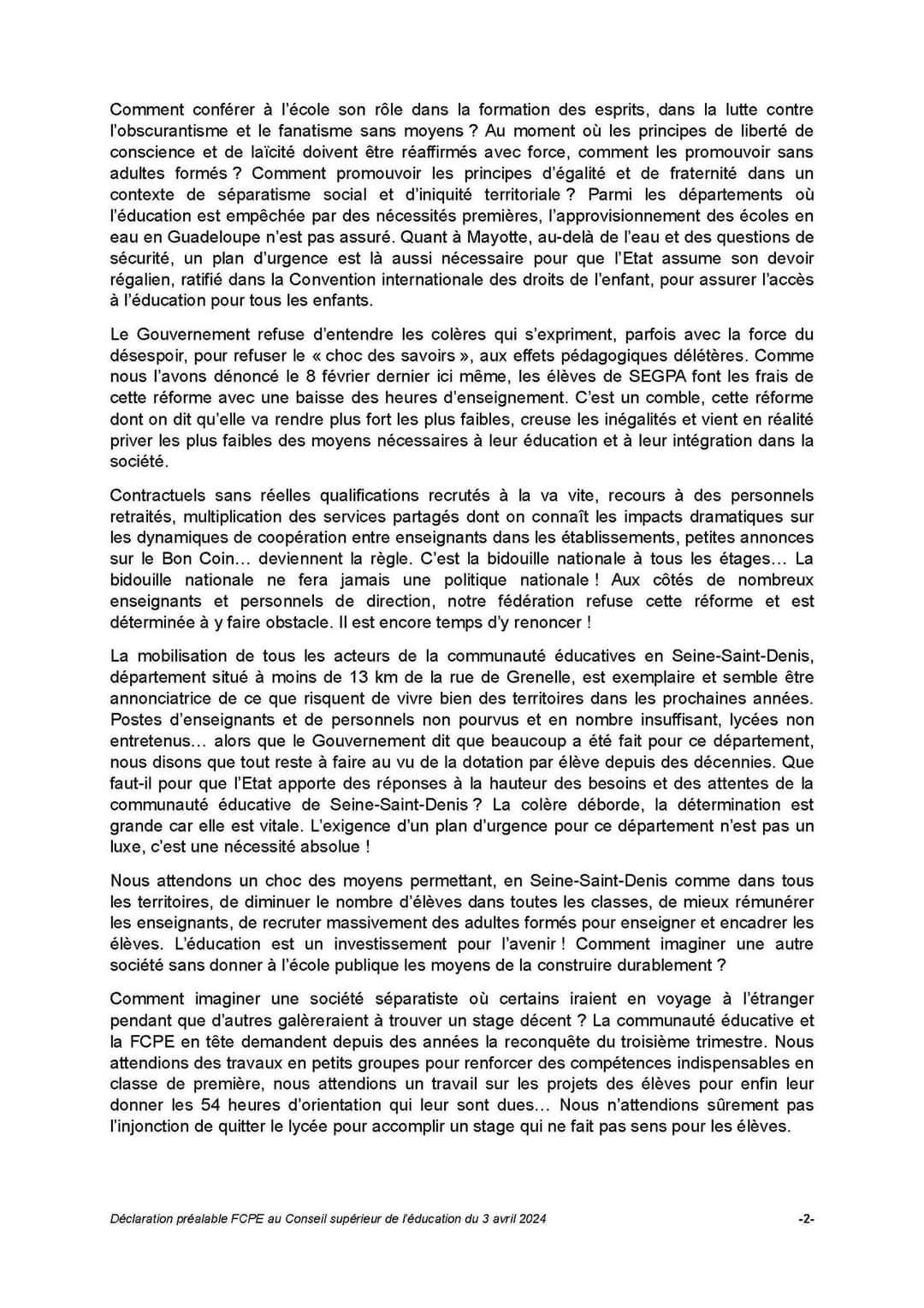 Déclaration de la fcpe au CSE le 3 avril 2024