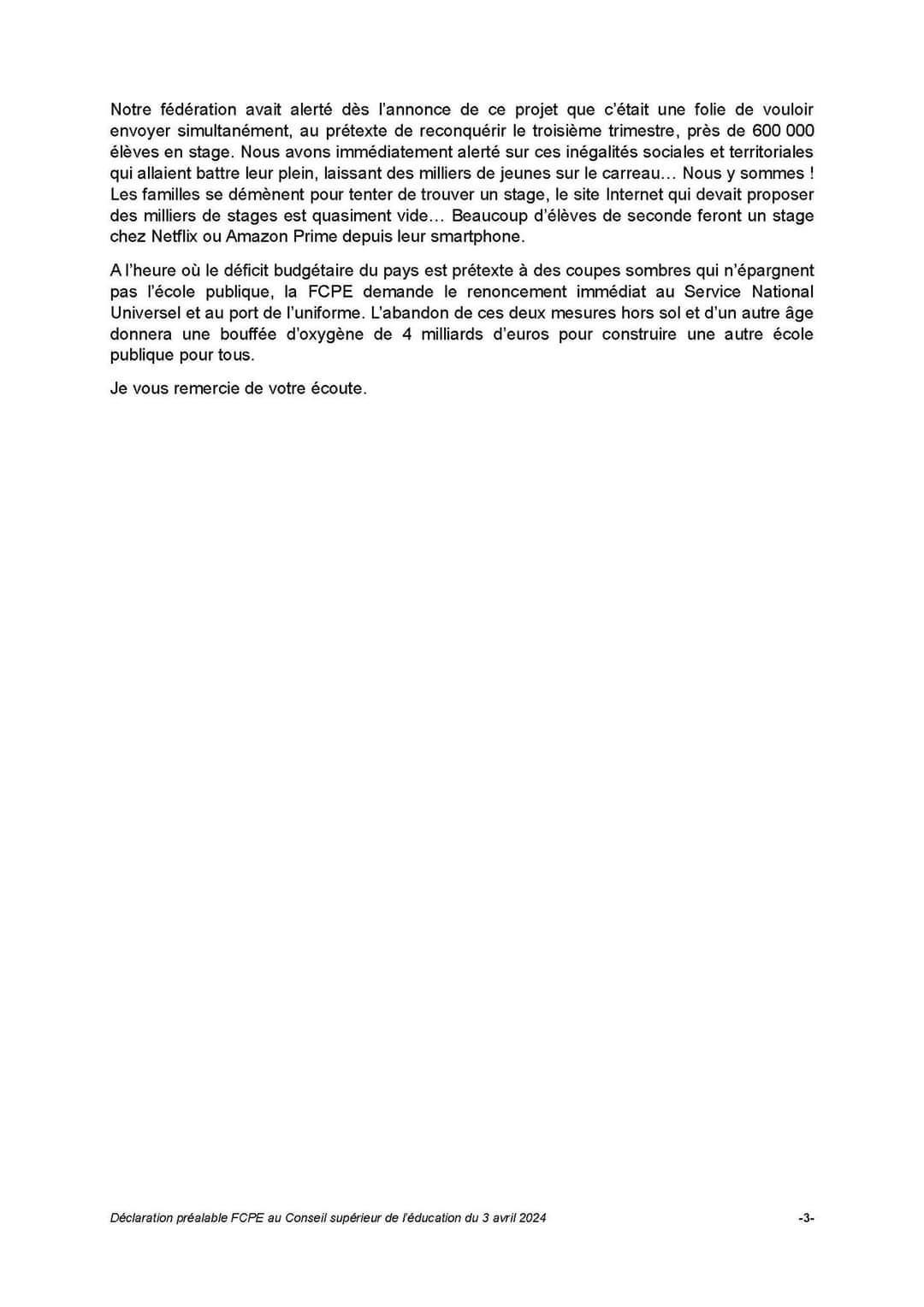 Déclaration de la fcpe au CSE le 3 avril 2024