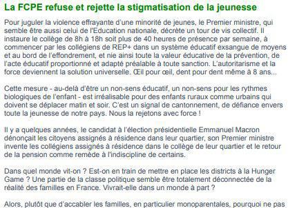 Communiqué de presse FCPE, non à la stigmatisation des élèves