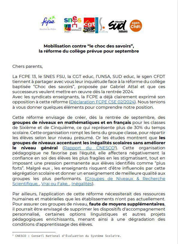 Appel à la mobilisation de la FCPE 13