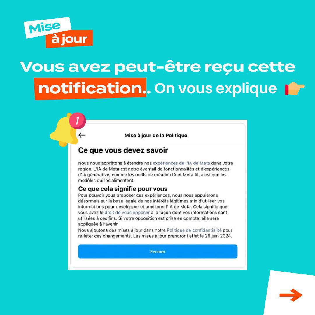🚨Nouvelle mise à jour Meta : Instagram et Facebook vont bientôt utiliser vos interactions et celles de vos ados sur ses plateformes pour entraîner son intelligence artificielle. 🧠 Vos publications, stories, commentaires… 📲