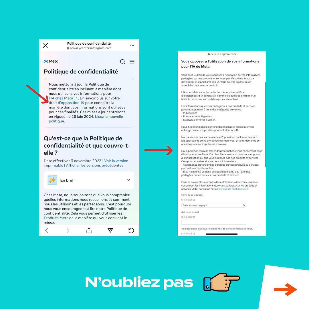 🚨Nouvelle mise à jour Meta : Instagram et Facebook vont bientôt utiliser vos interactions et celles de vos ados sur ses plateformes pour entraîner son intelligence artificielle. 🧠 Vos publications, stories, commentaires… 📲