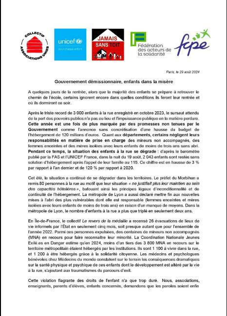 [#logement]. Enfants qui dorment dans la rue : lors de la conférence de presse organisée au siège de la #FCPE, la fédération a dénoncé une nouvelle fois le mépris avec lequel le gouvernement français et les élus locaux piétinent et bafouen