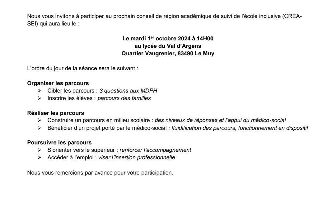 La FCPE13 siège ce jour au Conseil de Région Académique de Suivi de l'Ecole Inclusive