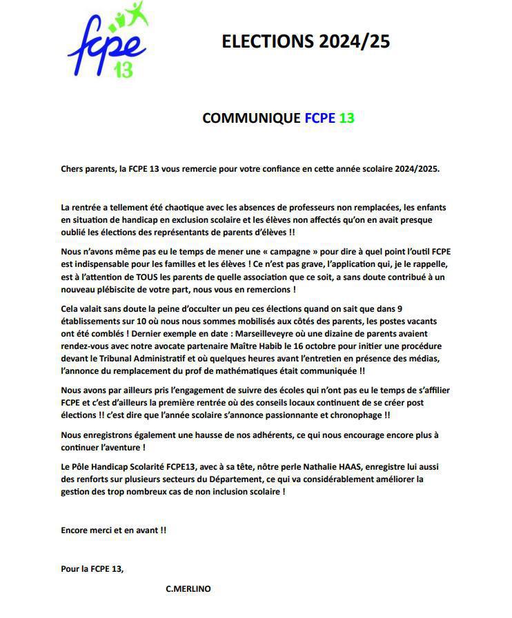 La FCPE13 une nouvelle fois plébiscitée! en PDF le communiqué fcpe