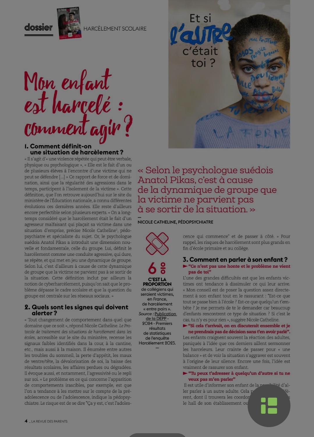 Non au harcèlement:le numéro spécial de la revue des parents 