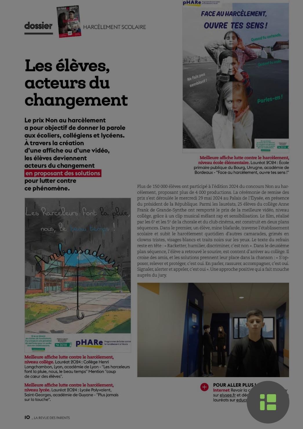 Non au harcèlement:le numéro spécial de la revue des parents 