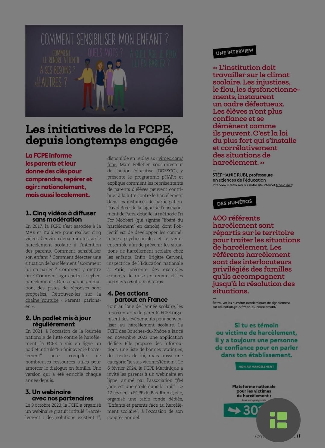 Non au harcèlement:le numéro spécial de la revue des parents 