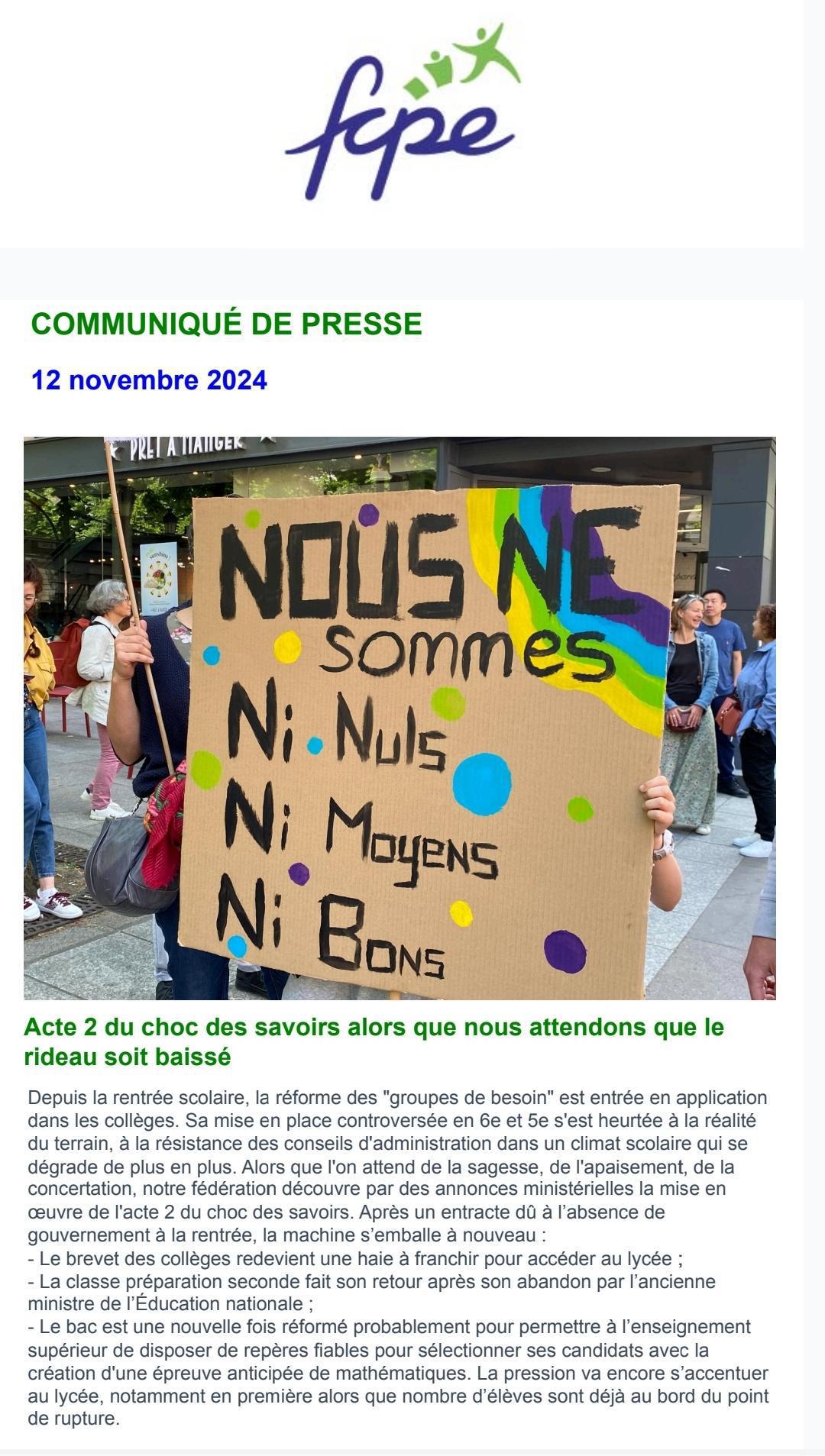 Choc des savoirs: le communiqué de presse de la FCPE 