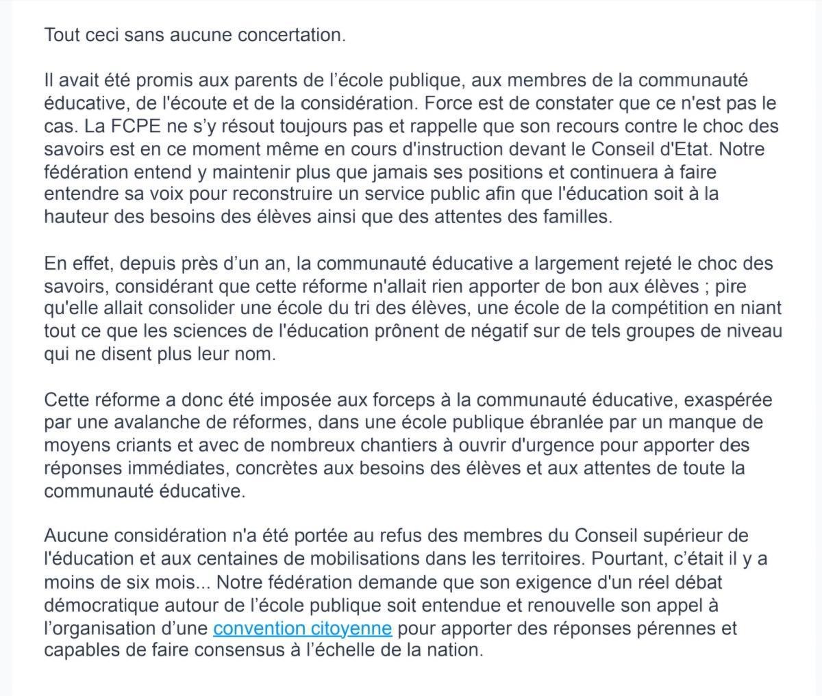 Choc des savoirs: le communiqué de presse de la FCPE 