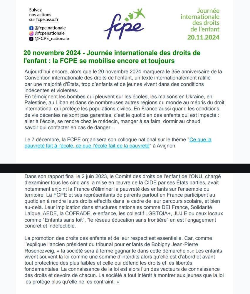 Journée des droits de l'enfant : le communiqué de la fcpe 
