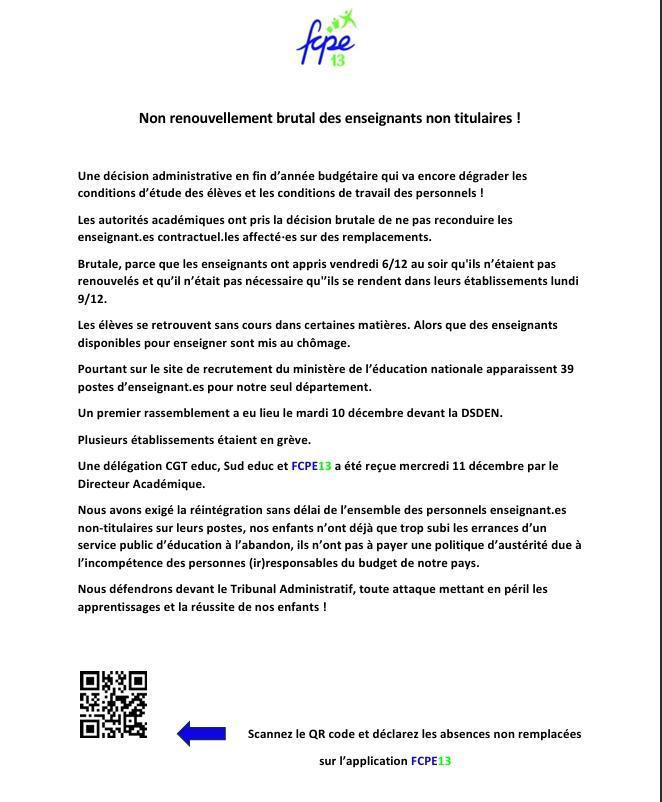 Non renouvellement de contractuels: la FCPE 13 mobilisée au côté des enseignants