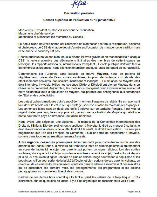 la déclaration de la fcpe au Conseil Supérieur de l'Education Nationale