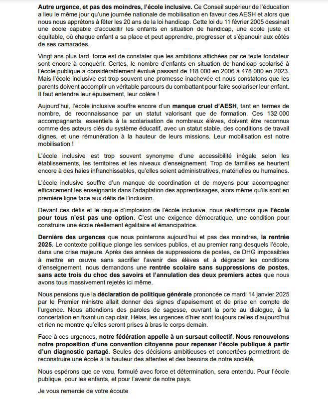 la déclaration de la fcpe au Conseil Supérieur de l'Education Nationale