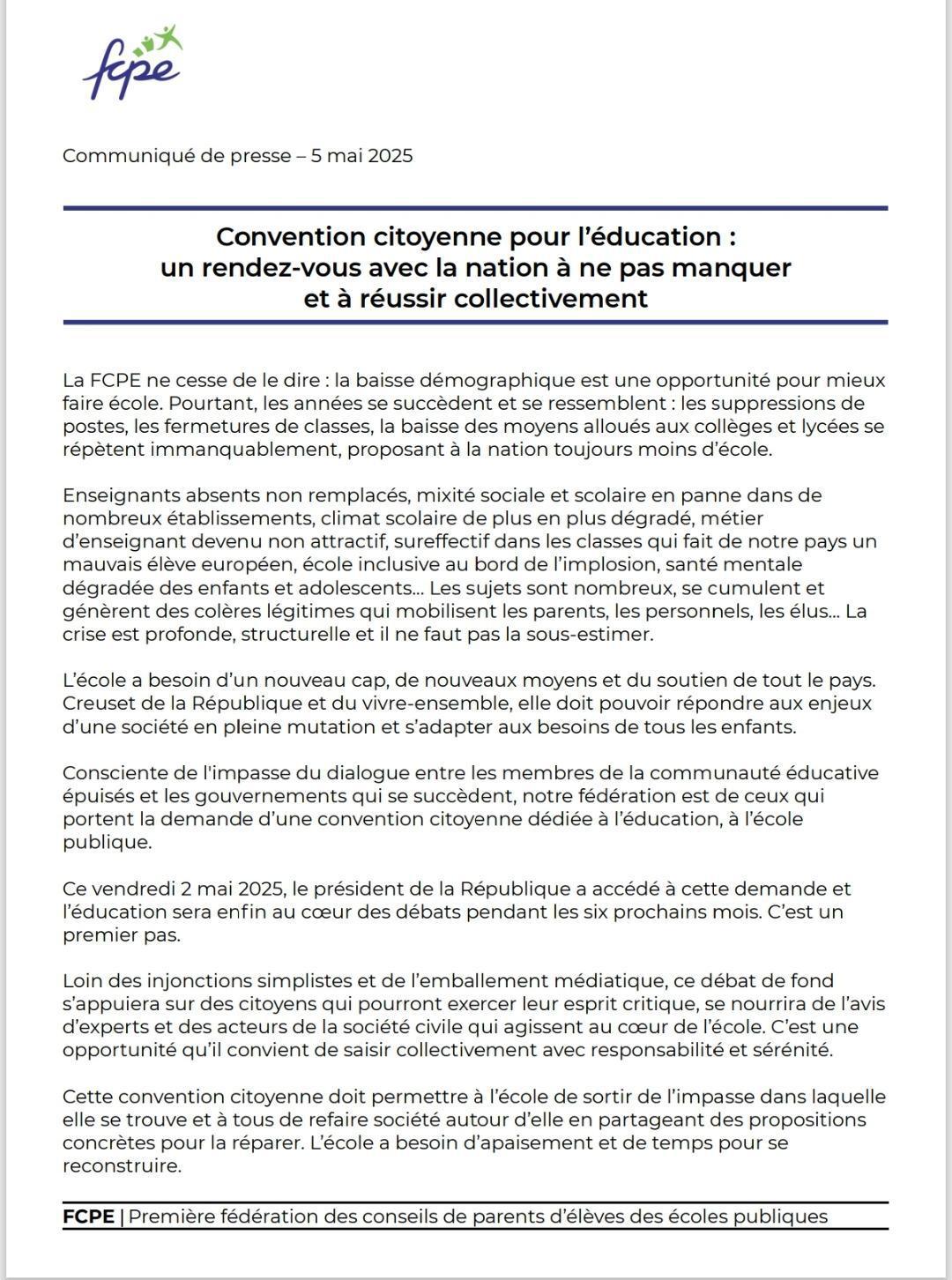 Convention citoyenne pour l'éducation: le communiqué FCPE