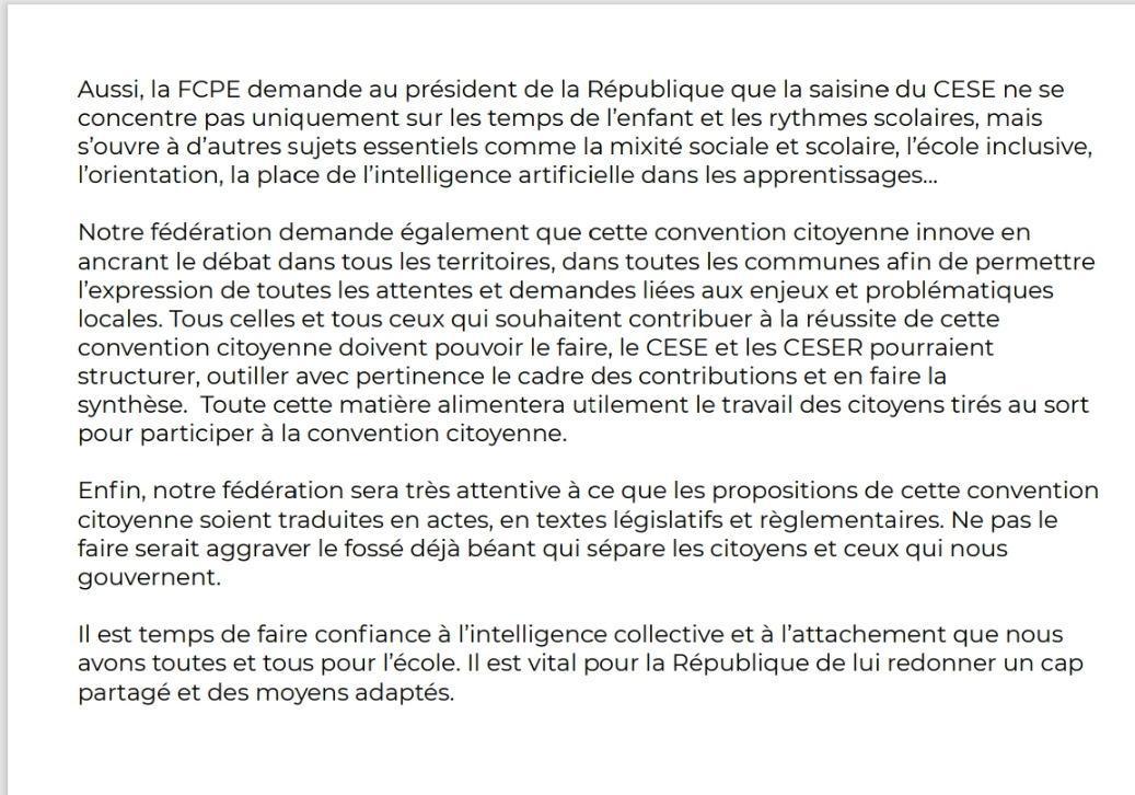 Convention citoyenne pour l'éducation: le communiqué FCPE