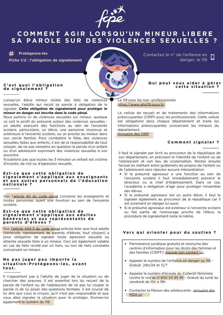 Violences sexuelles faites aux enfants: 2 fiches ressources proposées par la FCPE