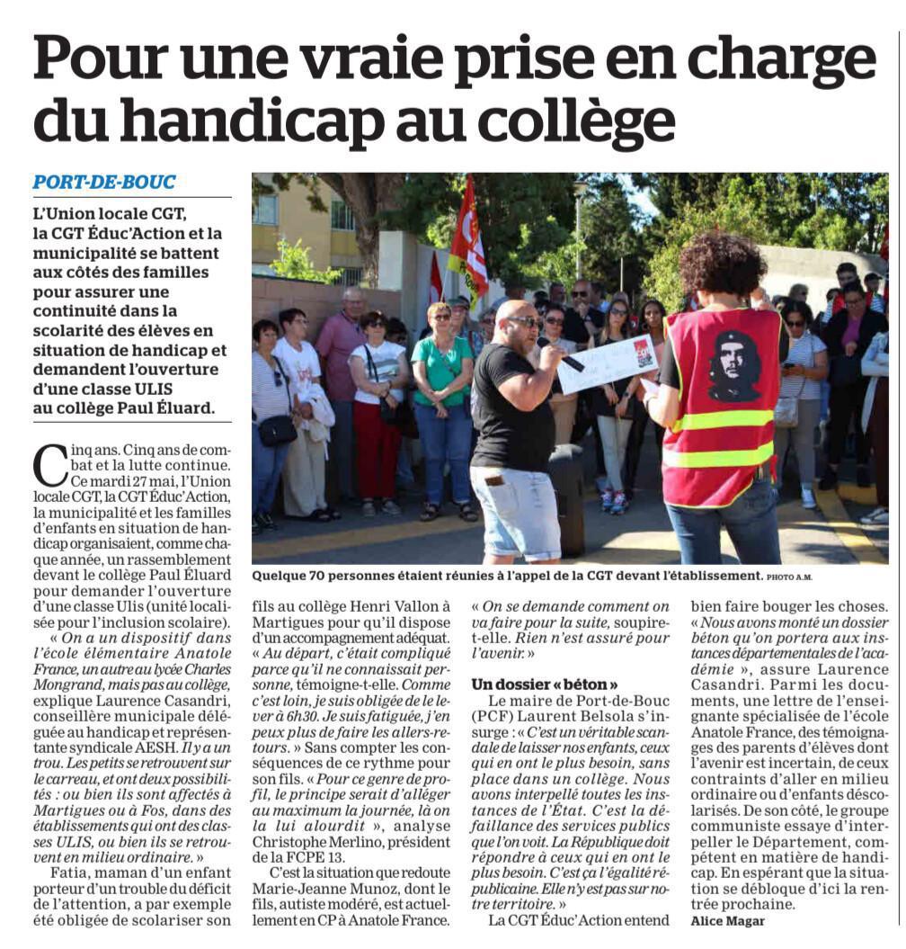 La FCPE13 aux côté de la CGT pour l'ouverture d'un dispositif ULIS au collège Paul Eluard à Port de Bouc