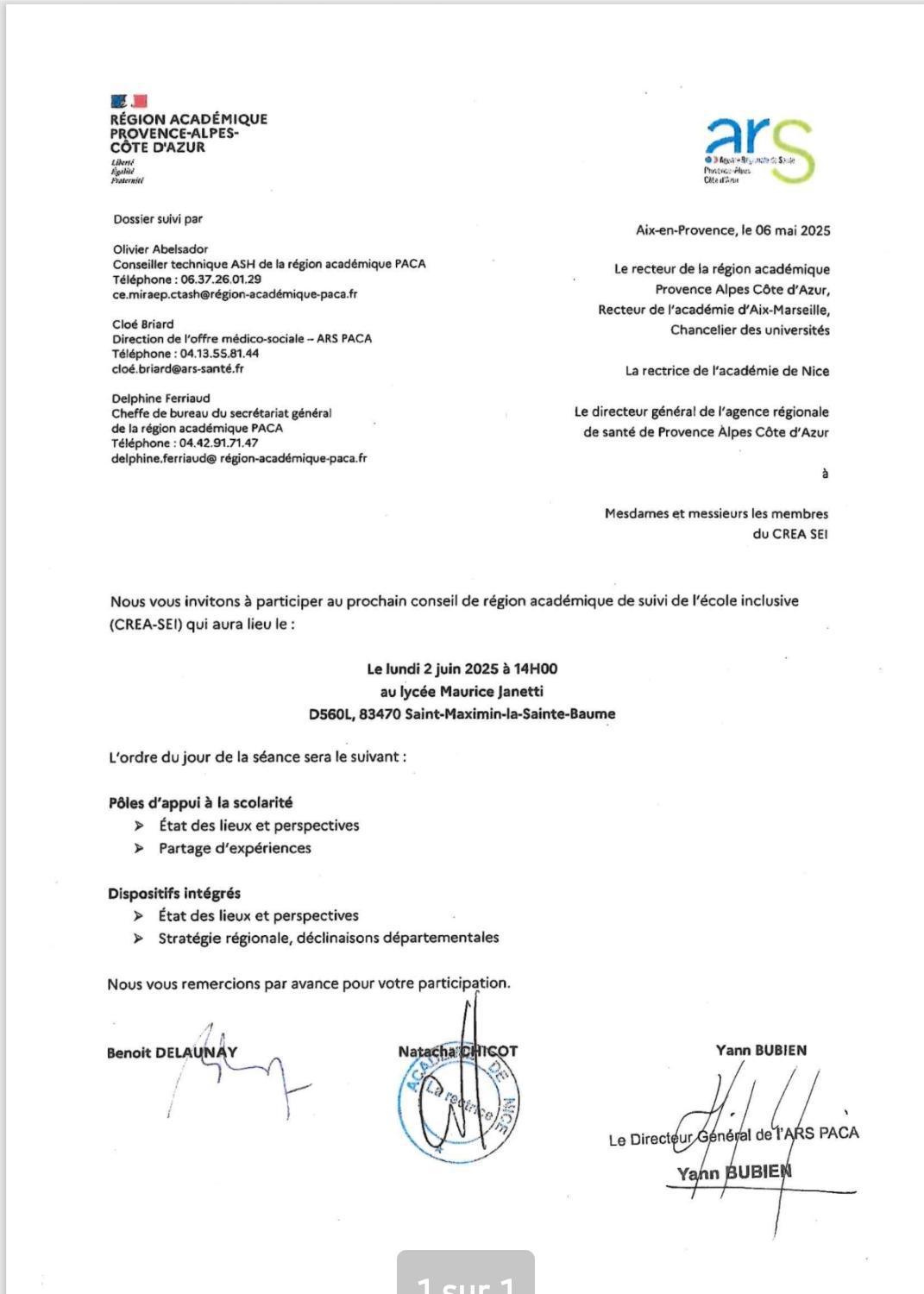 La FCPE13 est présente ce jour au Conseil de Région Académique de Suivi de l'Ecole Inclusive