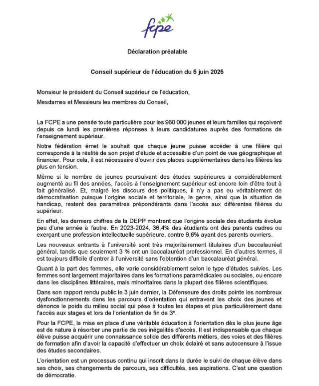 déclaration de la FCPE au CSE le 5 juin 2025