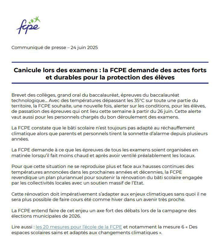 Chaleur dans les classes: la FCPE communique