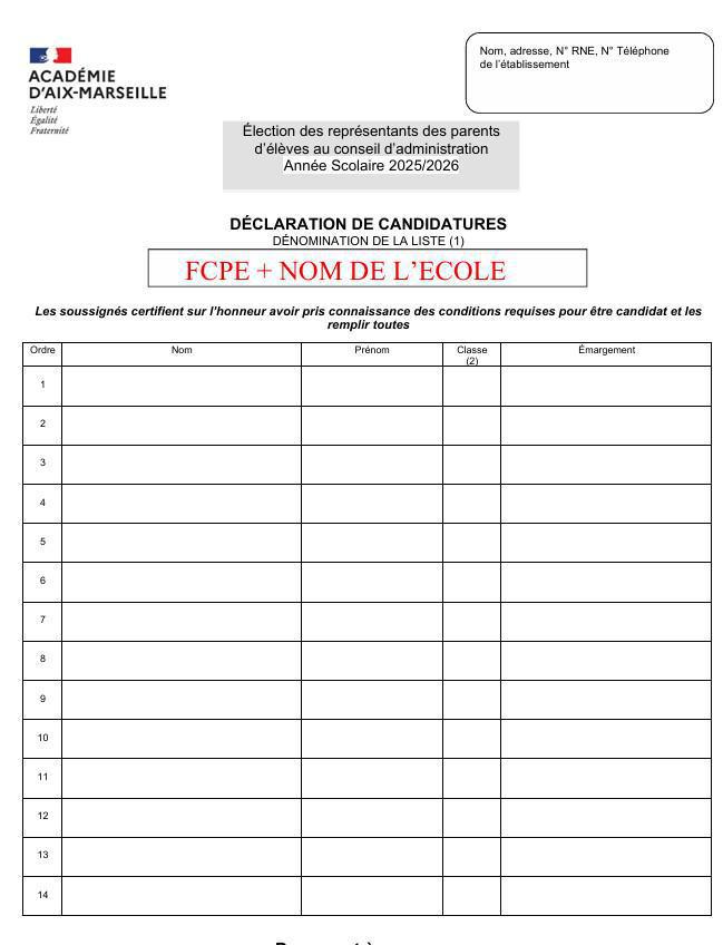 Les listes de déclaration de candidature sont disponibles, un impératif: inscrire FCPE dans l'encart pour nommer la liste...sinon pas de reconnaissance par l'Education Nationale