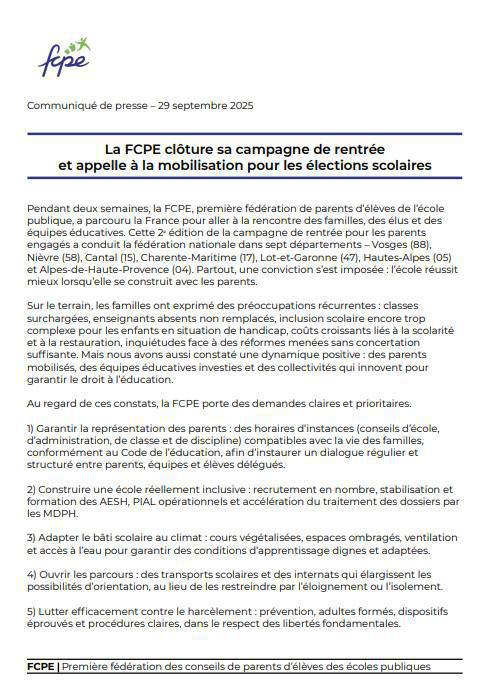Communiqué fcpe élections